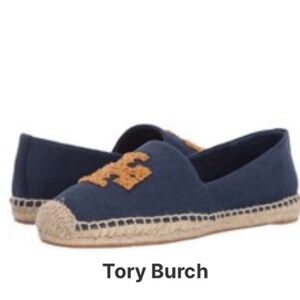 EUC Tory Burch 5.5 Elisa Logo Flat Espadrille Blue/Gold